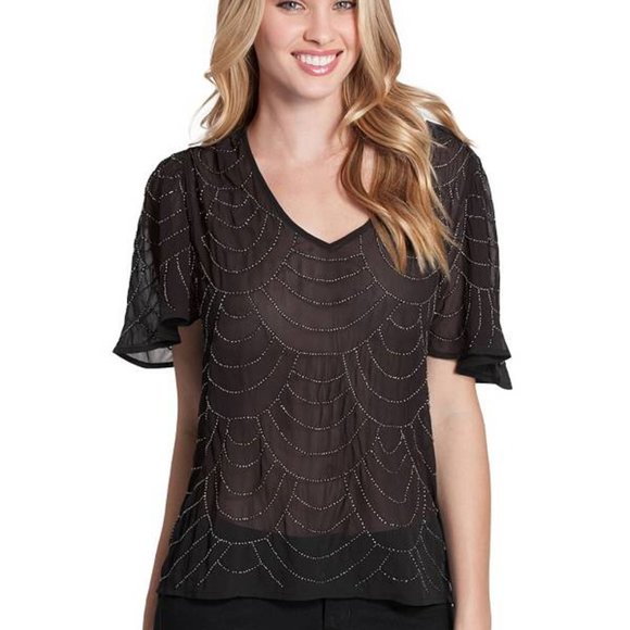 New Guess Beaded flowy embellished top beaded s/s blouse - Picture 1 of 3